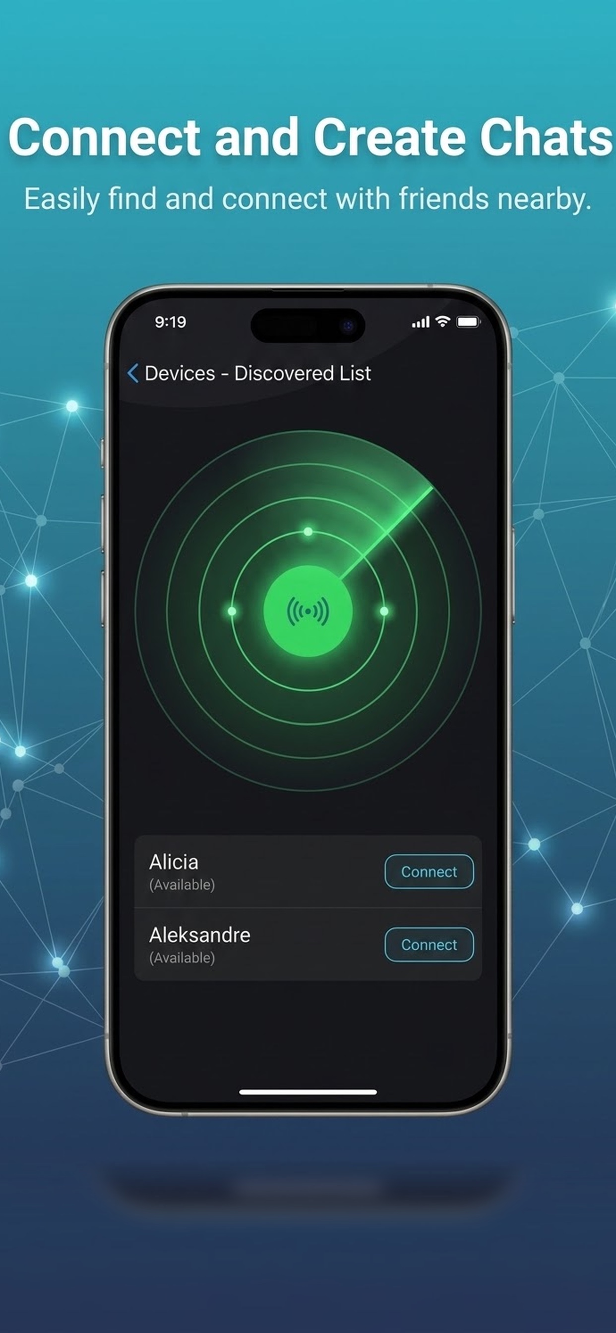 AirChat nearby device discovery and connection screen