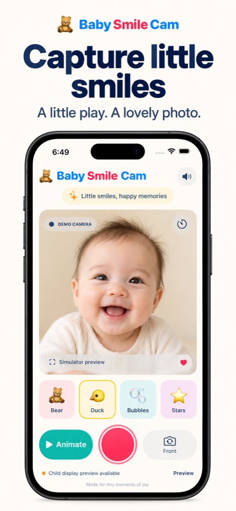 Baby Smile Cam camera interface with animation selection, shutter, and camera switch
