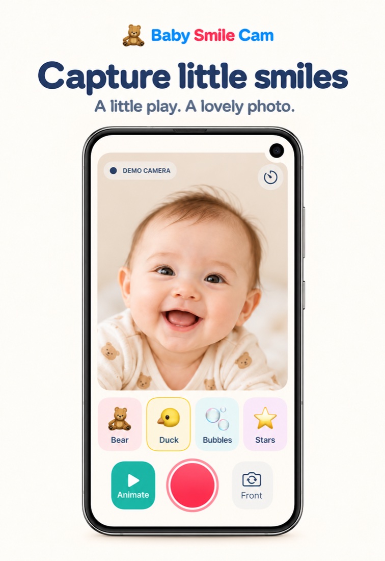 Baby Smile Cam preview showing a smiling baby, Bear, Duck, Bubbles and Stars, and simple camera controls