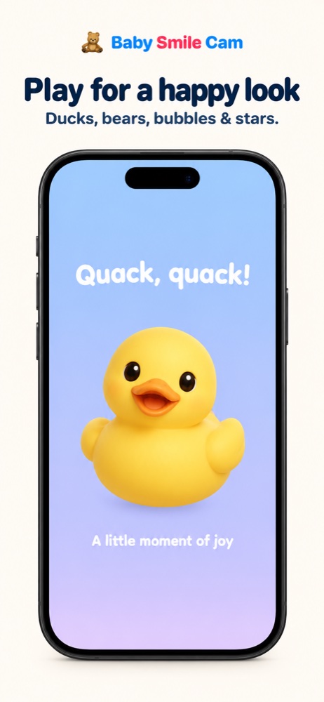 A playful yellow duck on a pastel screen with the words Quack, quack!