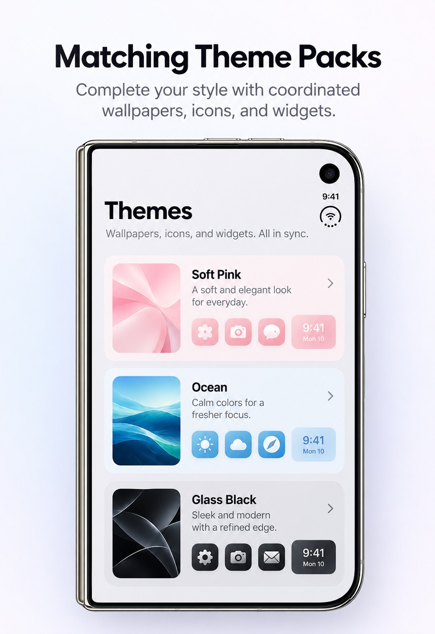 Coordinated Soft Pink, Ocean, and Glass Black wallpapers, icons, and widgets