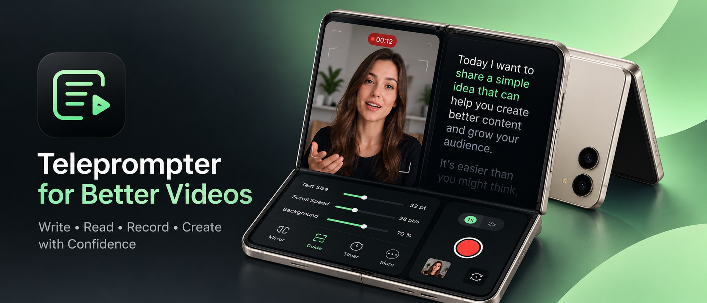 Duo Teleprompter promotional concept showing a speaker beside her script with text size, speed, mirror, guide, and timer controls