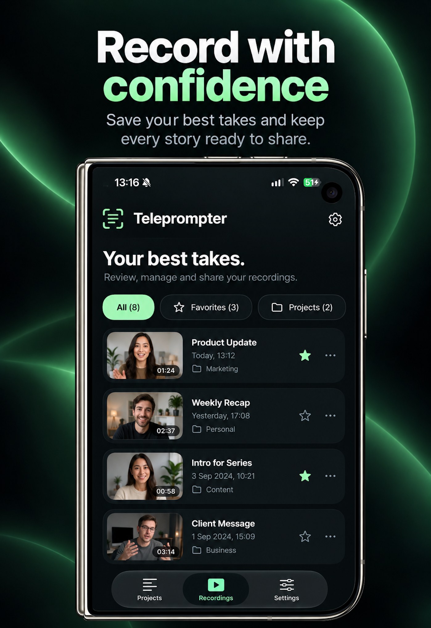 Duo preview of recorded videos organized by favorites and projects
