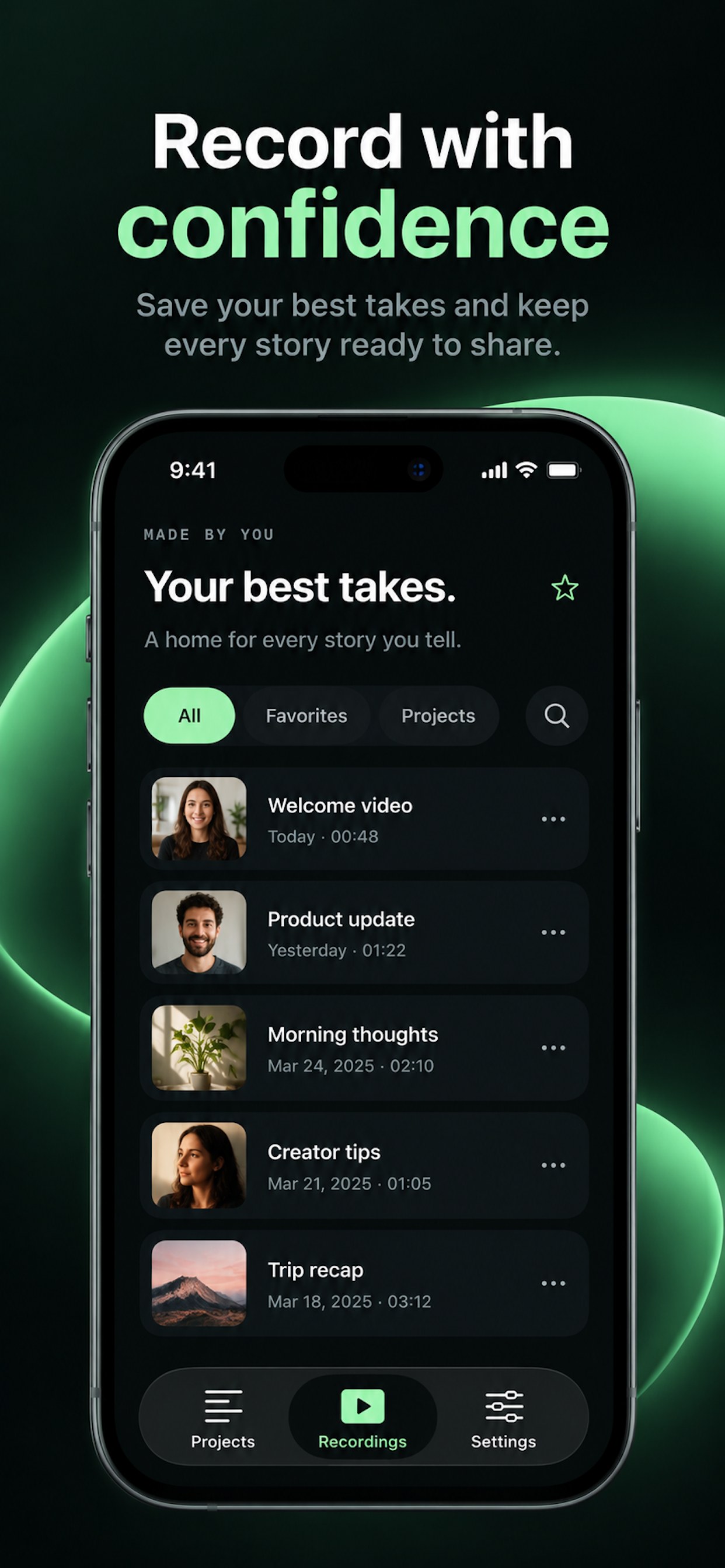 Review saved video takes in the recordings library