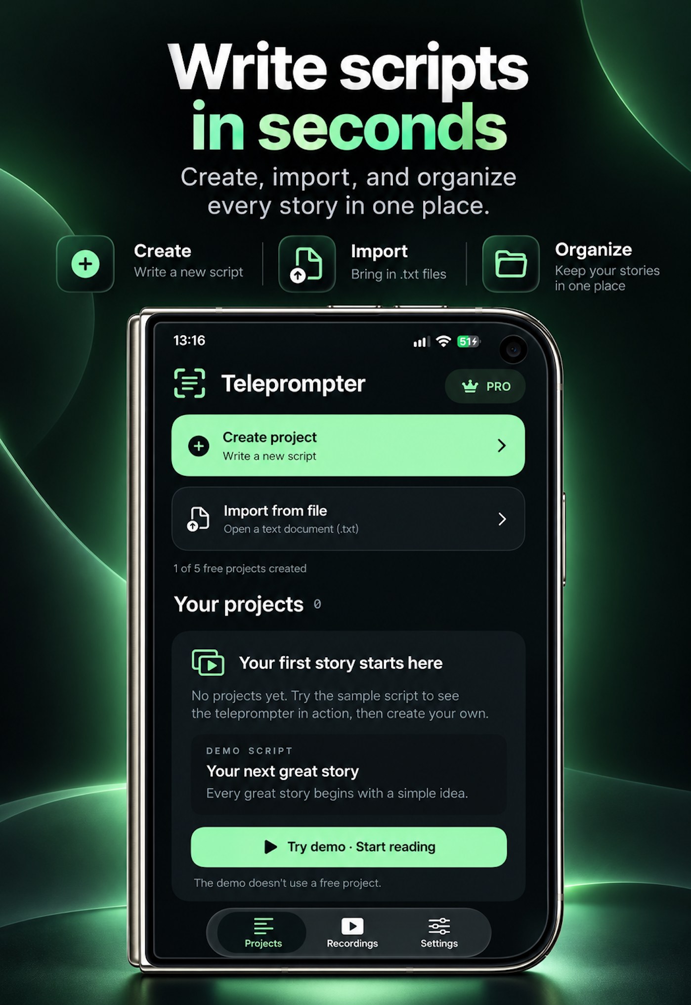 Duo preview of script creation, text file import, and project organization
