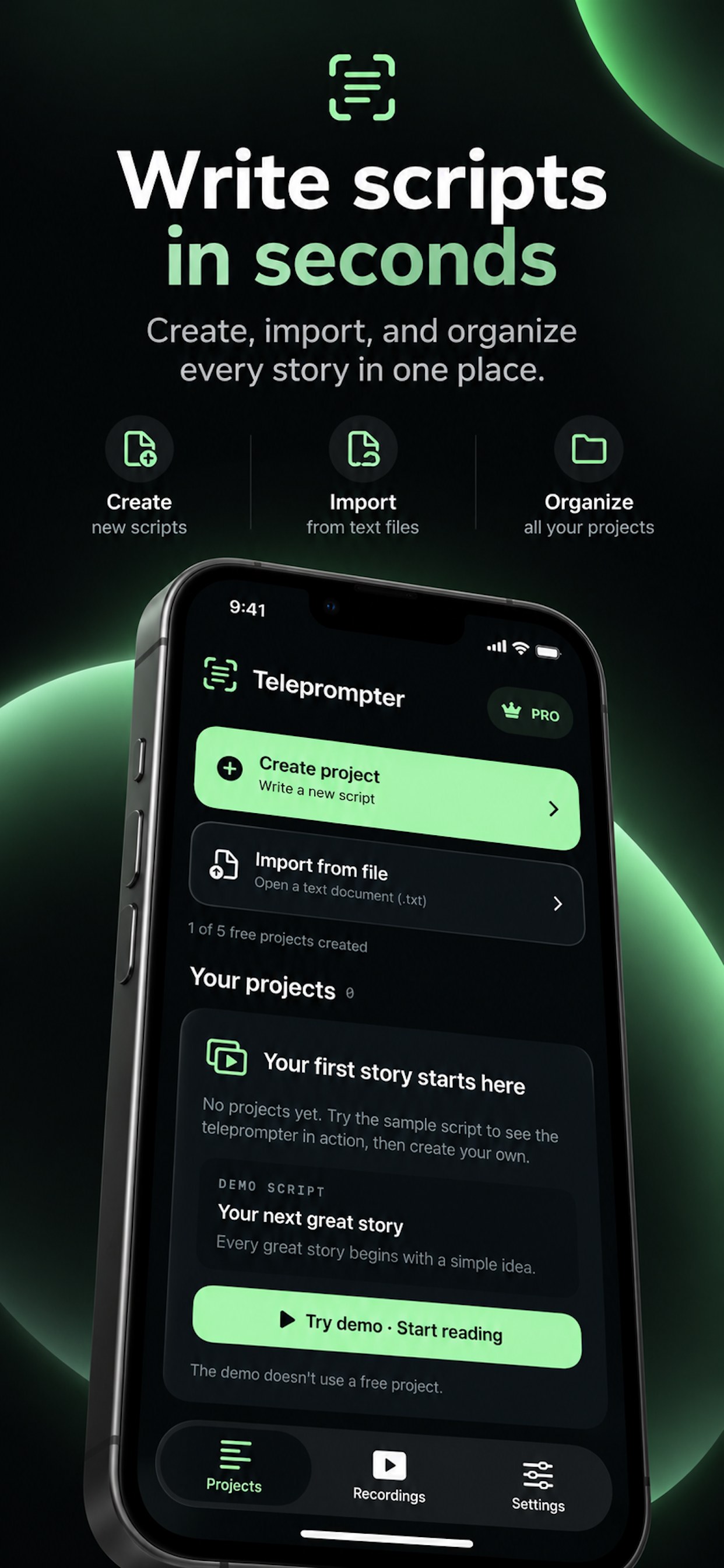 Create, import, and organize teleprompter scripts on a phone