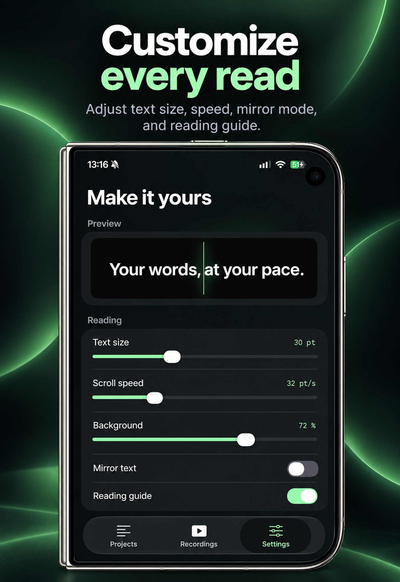 Duo preview of reading preferences and teleprompter controls